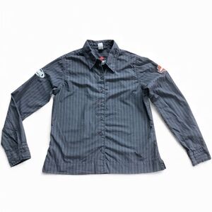 Harley Davidson Grey Black Pin Stripe Button Down Women Large Streetwear Grunge